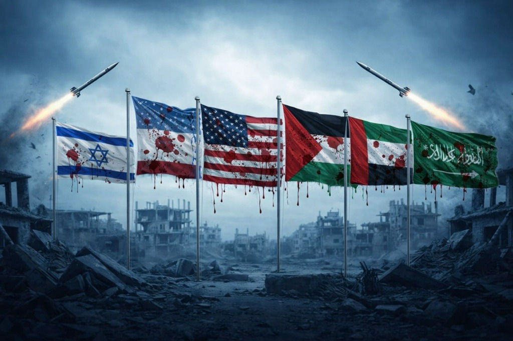 Flags of Israel, US, Palestine, UAE, and Saudi Arabia under missile fire